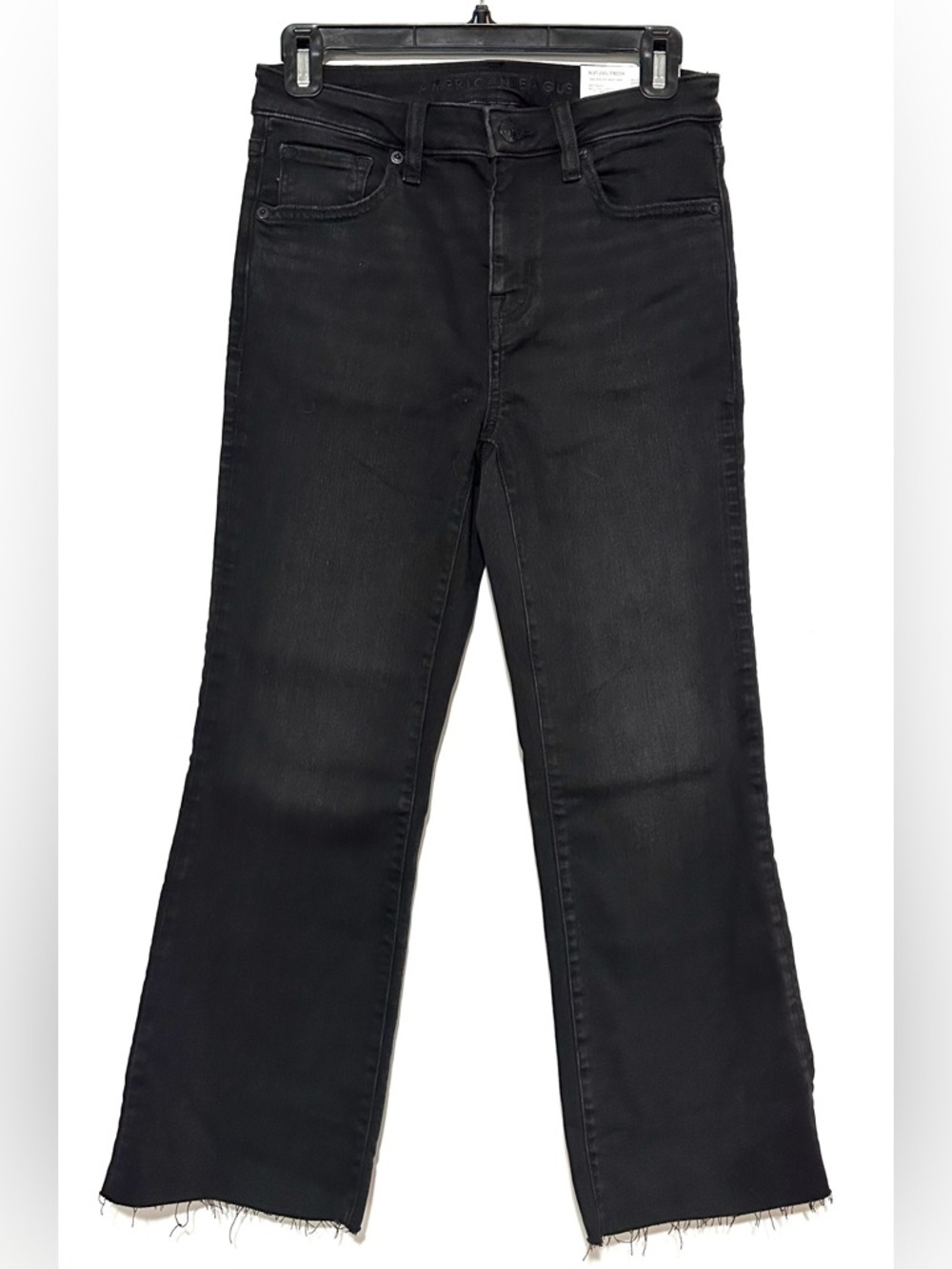 American Eagle High Rise Kick Boot Crop Jeans Size 2 Short Black Raw Hem Stretch - Picture 3 of 5